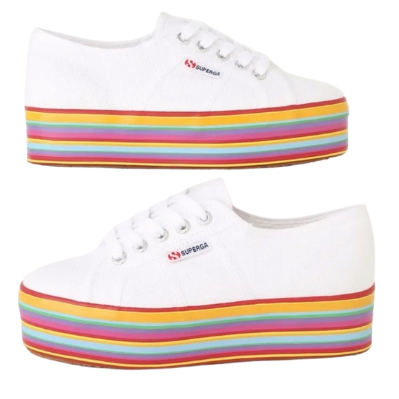 SUPERGA 2790 COTW‎ White Multi Platform Rainbow Canvas Cotton Sneakers Pride 8.5 - Picture 1 of 16